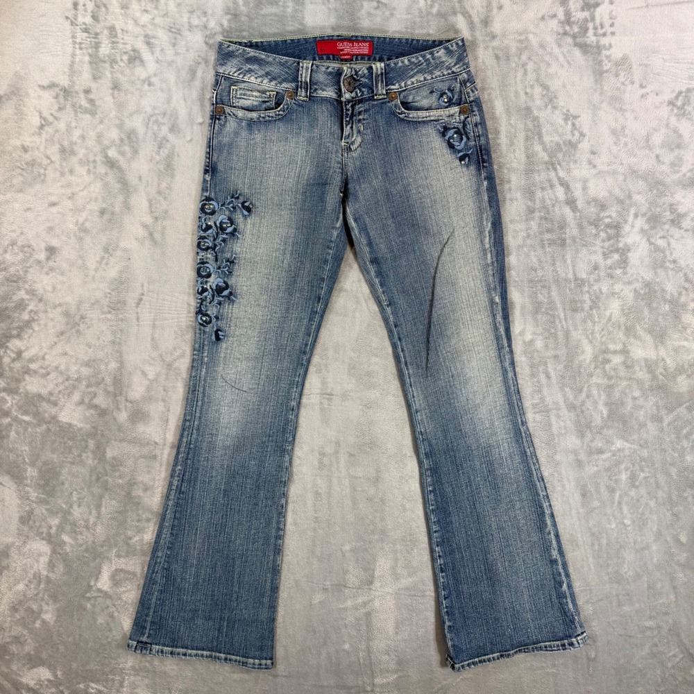 Guess Low Rise Bootcut Jeans Women's Size 28 Blue Floral Embroidered Denim